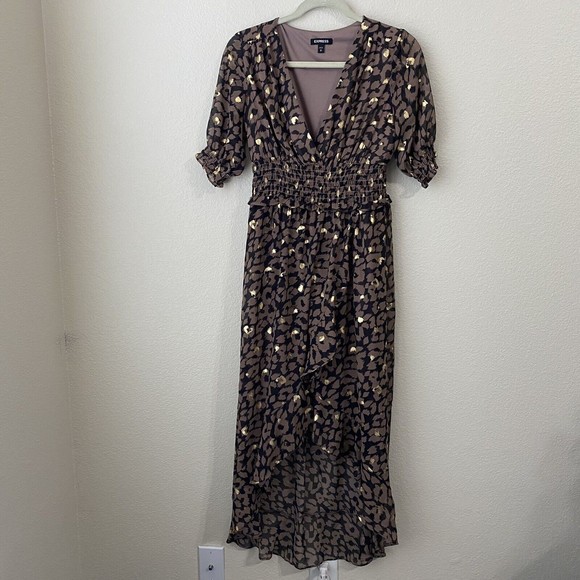 Express Dresses & Skirts - Express Womens Dress Size Small Animal Print Vneck Lined Brown Gold n1